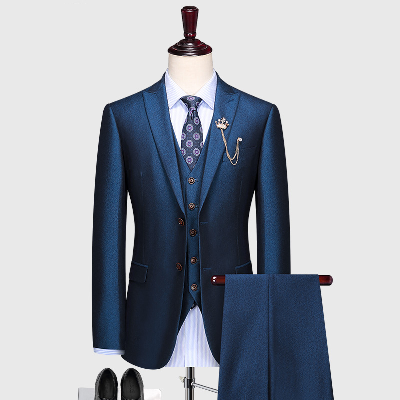 西服套裝男士新郎宴會(huì)結(jié)婚禮服秋季修身西裝藍(lán)色主持人三件套正裝
