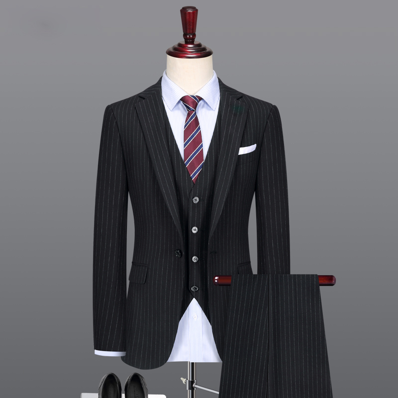 西服套裝男士條紋商務(wù)正裝新郎結(jié)婚禮服英倫風(fēng)修身西裝三件套藏青