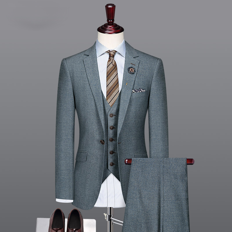 西服套裝男士新郎結(jié)婚禮服韓版修身正裝商務(wù)休閑西裝男套裝灰藍(lán)色