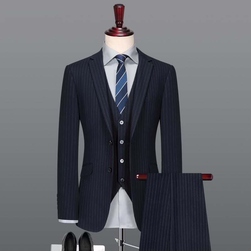 男士條紋西服套裝高檔羊毛商務(wù)休閑職業(yè)正裝結(jié)婚修身西裝新郎禮服